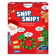 Skillmatics Snip Snip activity book cover showing festive cutting tasks for kids to practice fine motor skills