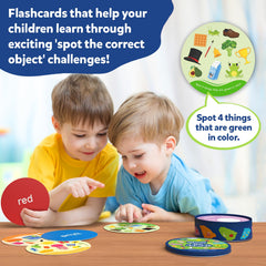 Skillmatics Spot and Learn objects-interaction card set promotes object recognition and focused attention.