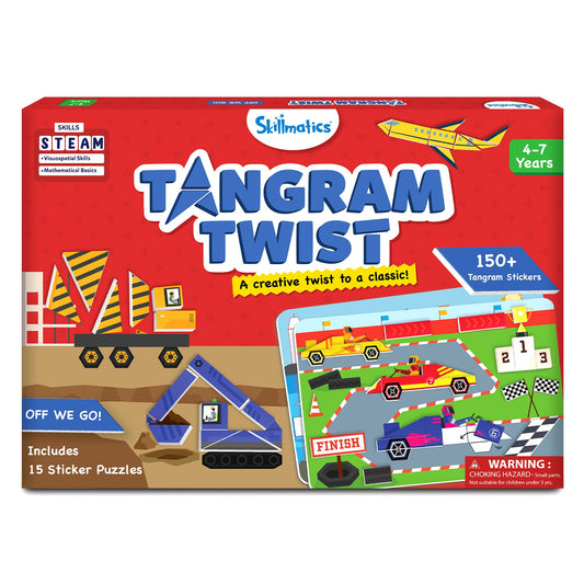 Skillmatics Tangram Twist board with foam pieces promotes problem-solving and spatial planning.