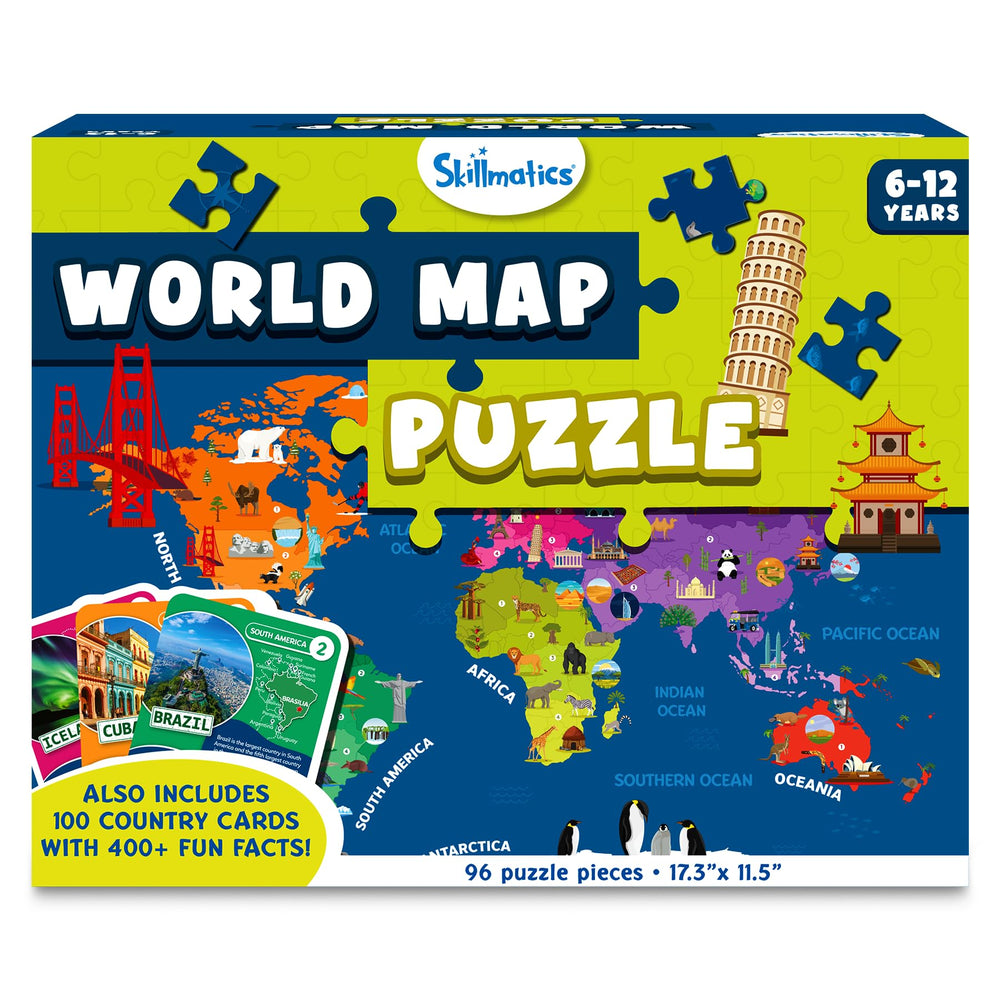 Skillmatics World Map Puzzle laid out with 96 pieces for geography learning