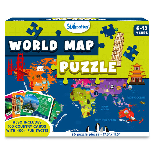 Skillmatics World Map Puzzle laid out with 96 pieces for geography learning