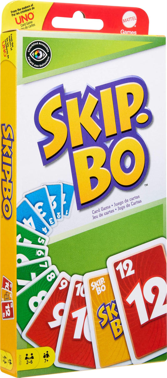 Skip-Bo card game packaging front showcases the colorful set for family fun.