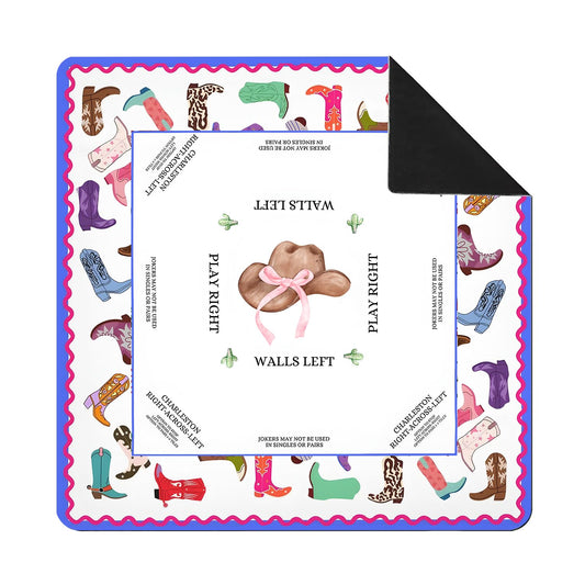 SkipTiger western cowboy mahjong mat with pink bow hatβstable play and stylish table decor.