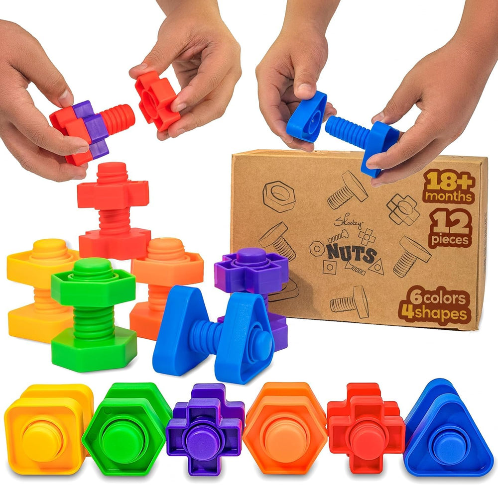 Skoolzy 12-piece jumbo nuts and bolts for easy assembly play that builds fine motor skills.
