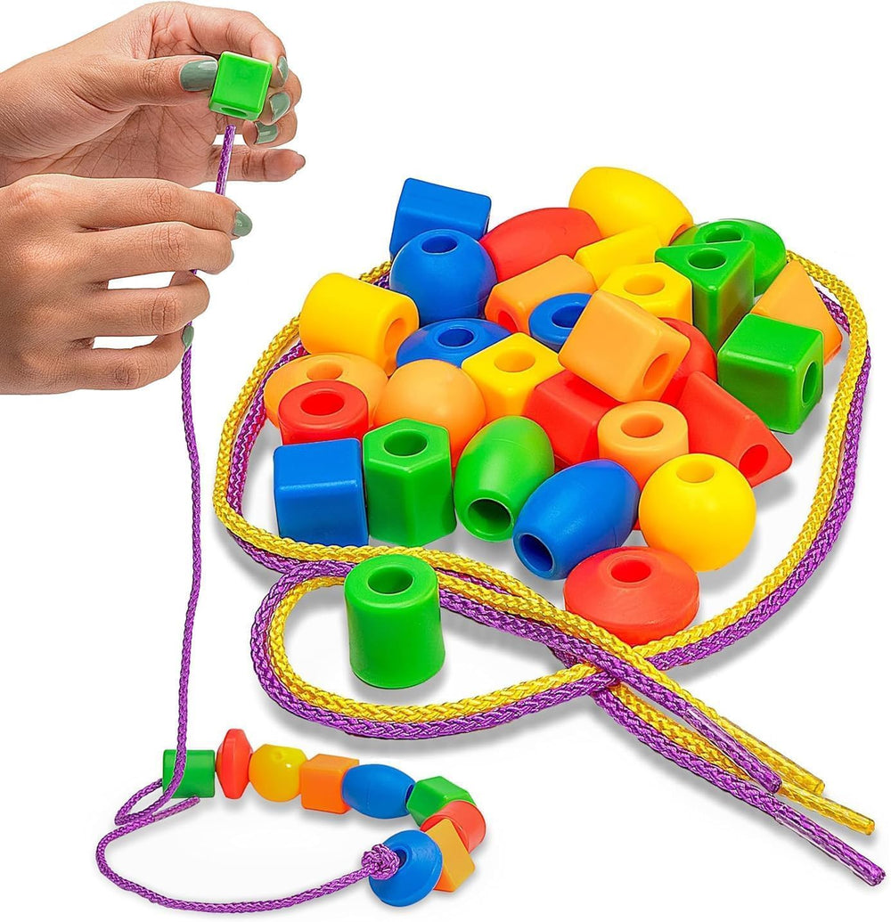 Skoolzy lacing beads pack close-up showing colorful beads for fine motor play.