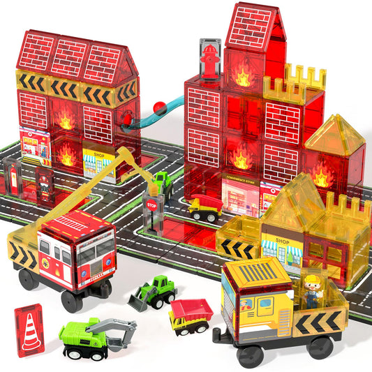 SKTMYY magnetic tiles fire truck station spark imaginative play and spatial skills.
