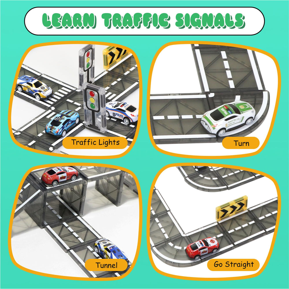 SKTMYY kids in action using magnetic tiles to build roads and cities
