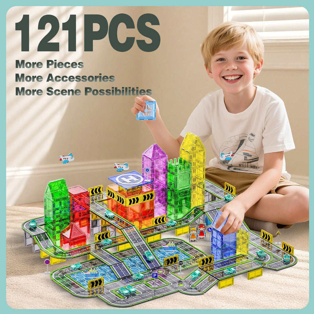 SKTMYY pull-back cars and airplanes on magnetic tiles for dynamic build