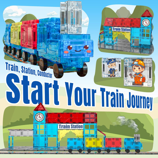 SKTMYY Train Station Magnetic Tiles showcase authentic signage for role-play travel hubs.
