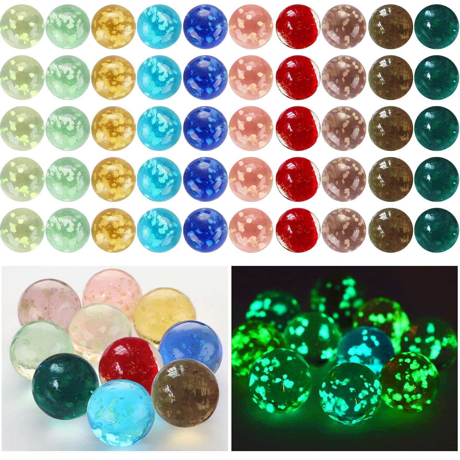 Skylety glow marbles, 50-piece assorted colors for games and decor.