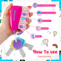 Skylety pink remote key toy with lit buttons demonstrates car sounds in real-life pretend play.