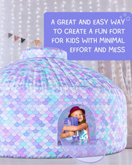 Skywin Mermaid Fort interior shows generous 77 by 50 inch space for kids and cushions.