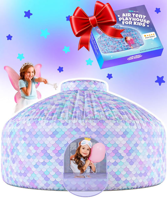 Skywin Mermaid Magic Fort setup in seconds using a box fan for instant indoor play.