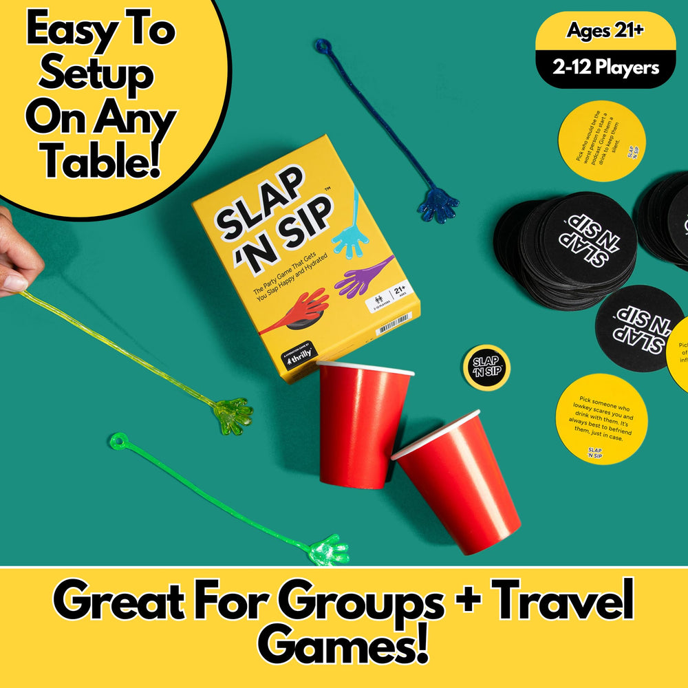 Slap N Sip game night scene with friends and drinks