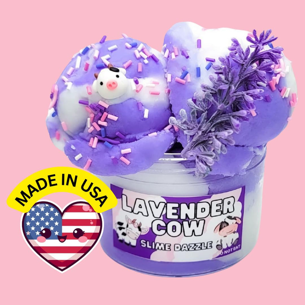 Slime Lavender Cow Cloud with cow charm enhances playful sensory experience.