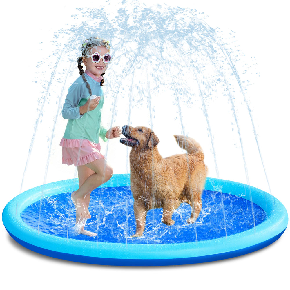 Sloosh 60-inch blue splash pad in backyard for safe outdoor fun and cooling.
