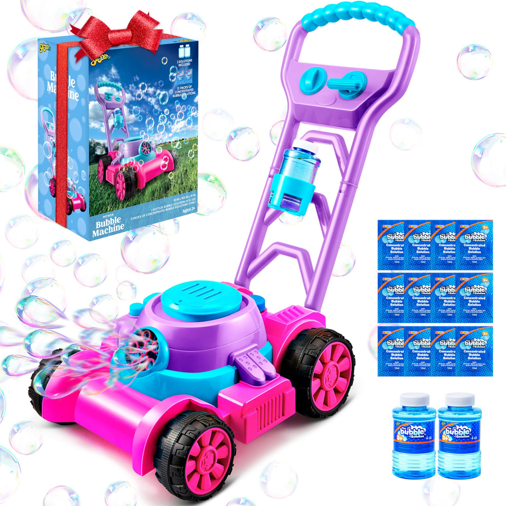 Sloosh bubble lawn mower pink shown for toddler outdoor play