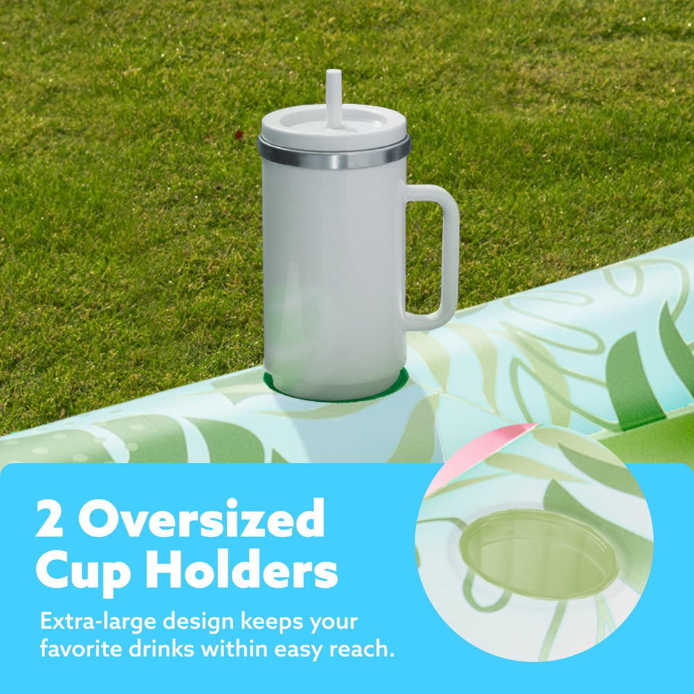 Sloosh tanning pool lounger with two drink holders keeps beverages handy.