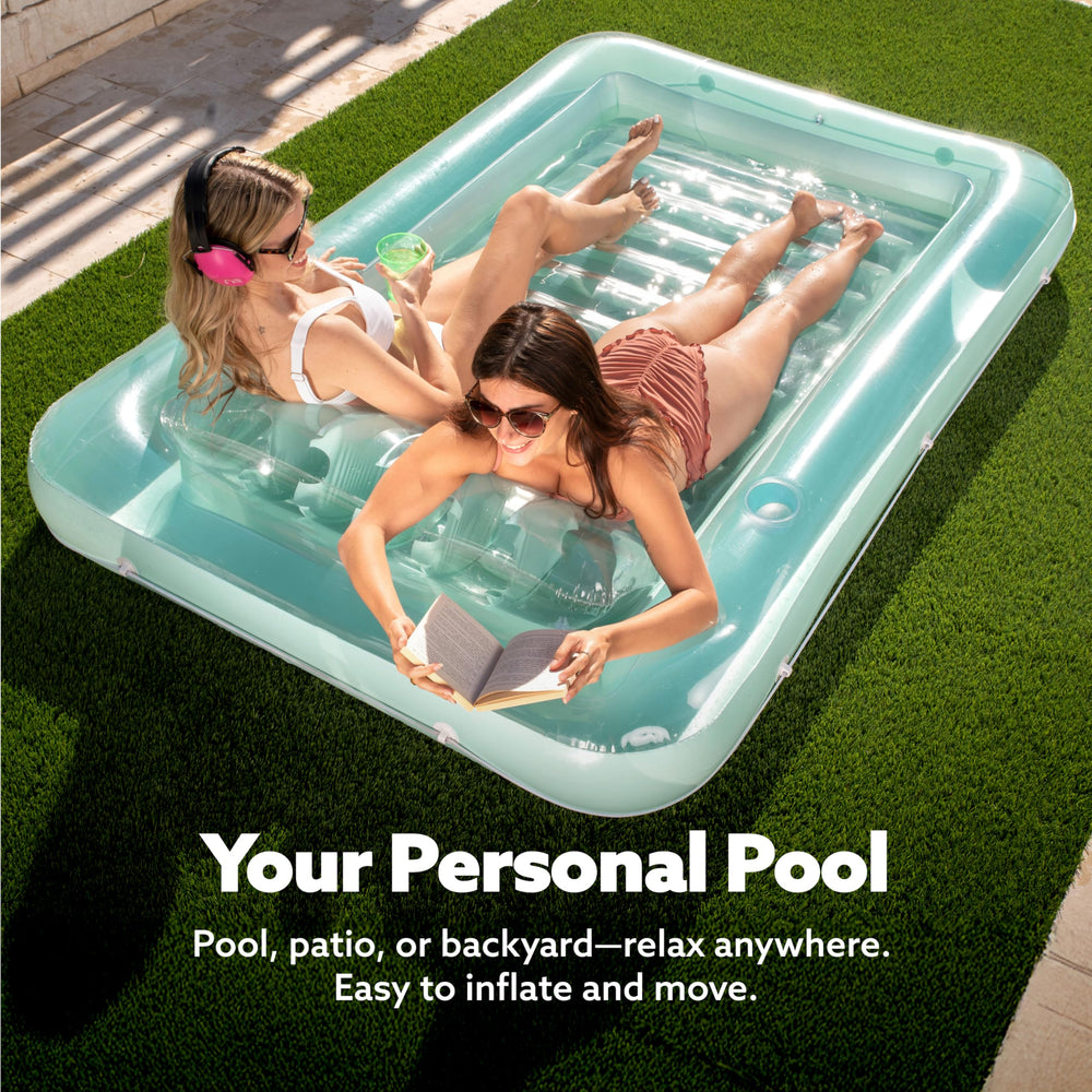 Sloosh drink holders and wrap-around grab line for social pool lounging.