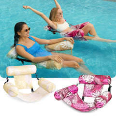 SLOOSH floating lounge chair with tropical leaves design enhances poolside ambiance.