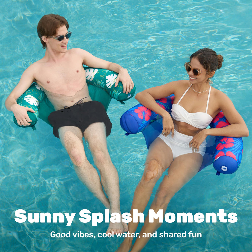Sloosh floating pool lounge with sling supports graceful lounging on water.