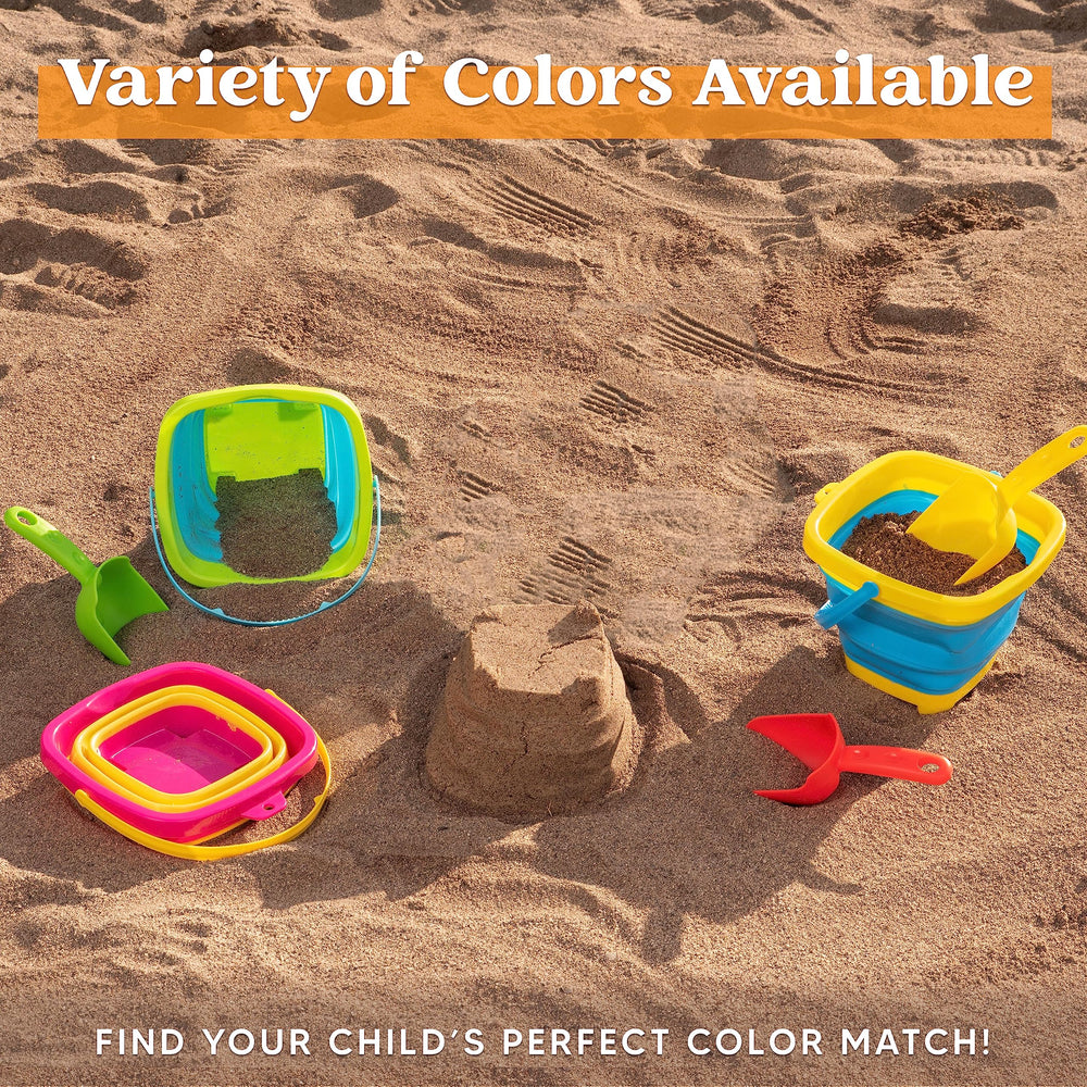 Sloosh blue foldable bucket shown for quick sandcastle setup