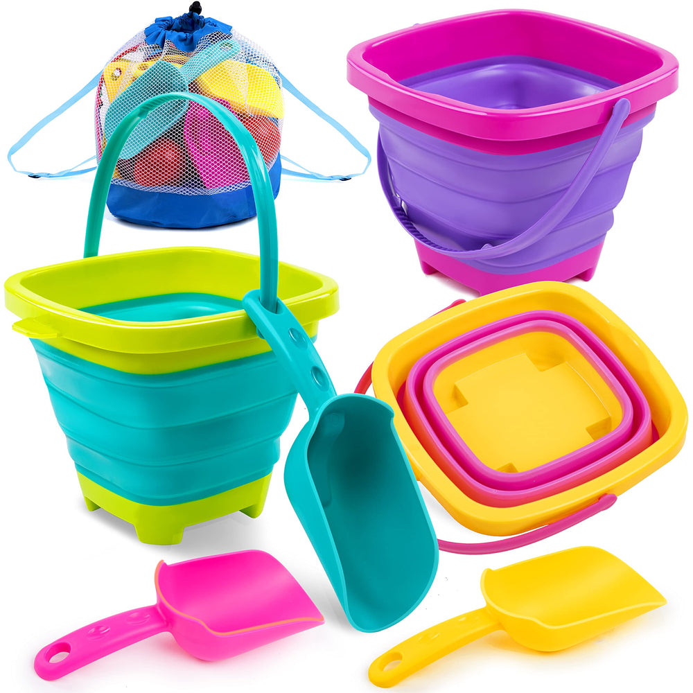 Sloosh foldable pink bucket open for on-the-go sand play and easy storage.