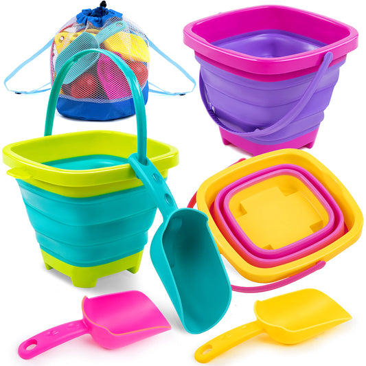Sloosh foldable pink bucket open for on-the-go sand play and easy storage.