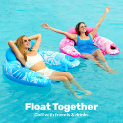 SLOOSH blue pool chair with cup holders for beverages on the water.
