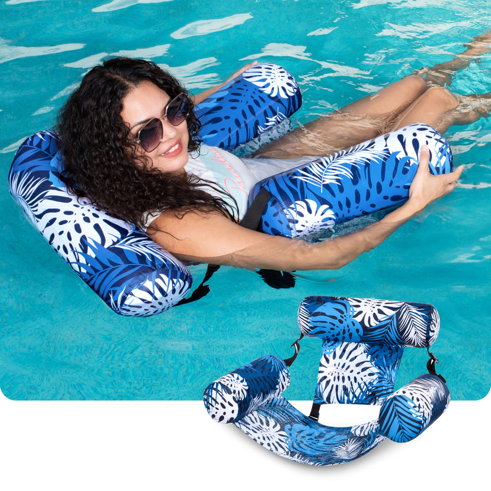 Sloosh inflatable pool lounge featuring blue leaves pattern for all-day comfort.