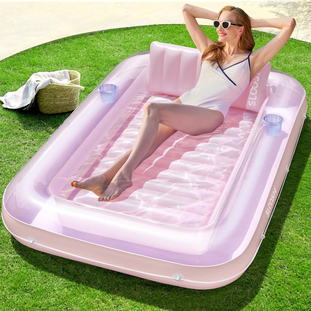 Sloosh inflatable tanning pool lounger with pillow for solo sunbathing and cooling water