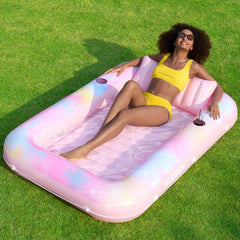 Sloosh inflatable tanning pool lounger in full view, ideal for private sunbathing by the pool.