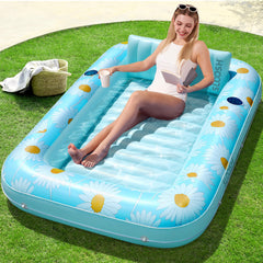 Sloosh inflatable tanning pool lounger in blue marble for solo sunbathing by the pool.
