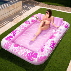 SLOOSH inflatable tanning pool lounger overview for shared sunbathing by the pool.