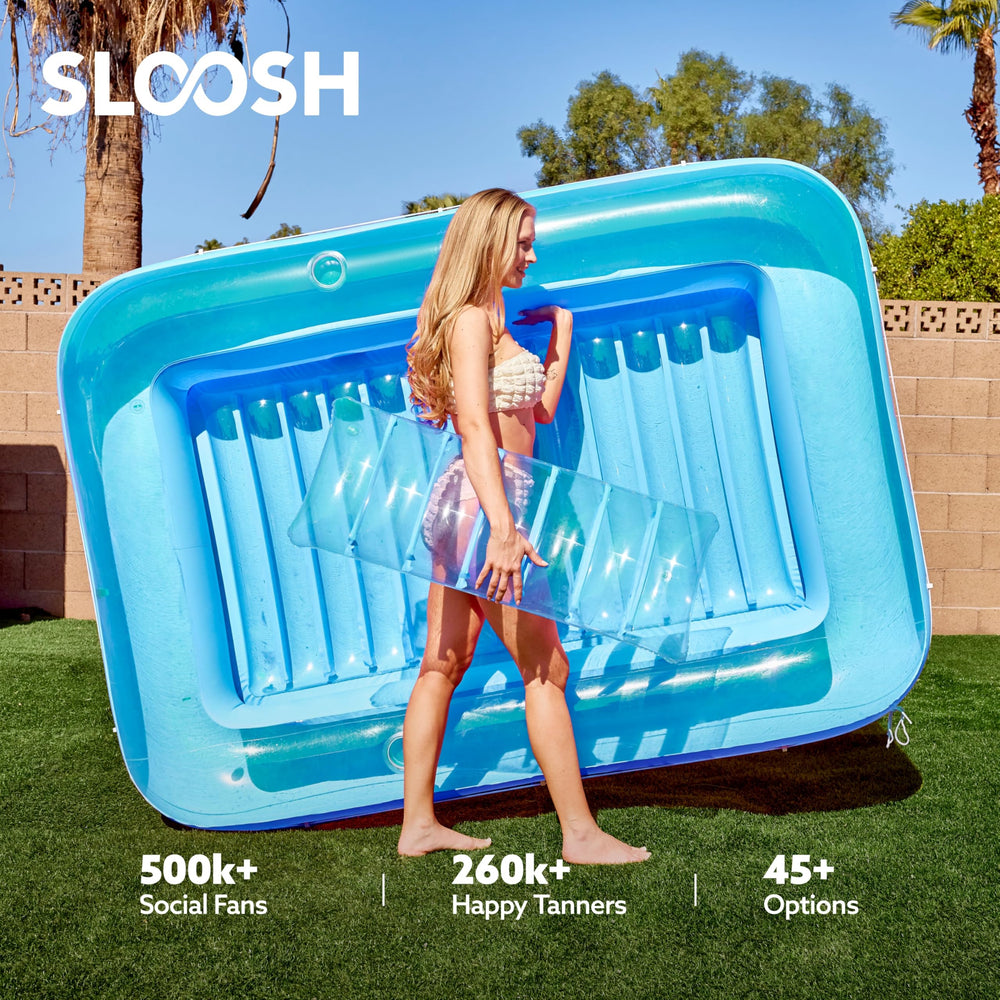 Sloosh inflatable bed sets up quickly for beach or poolside relaxation