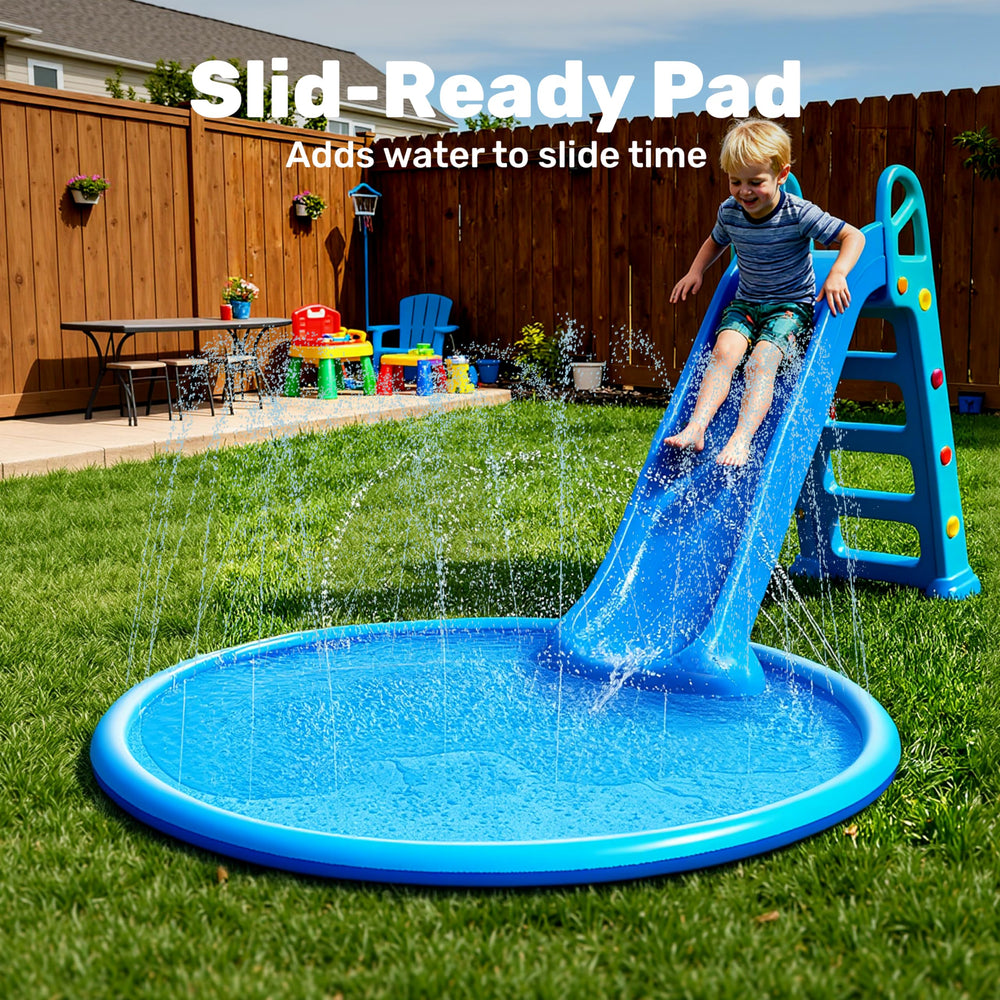 Children and dogs enjoying Sloosh blue splash pad in yard.
