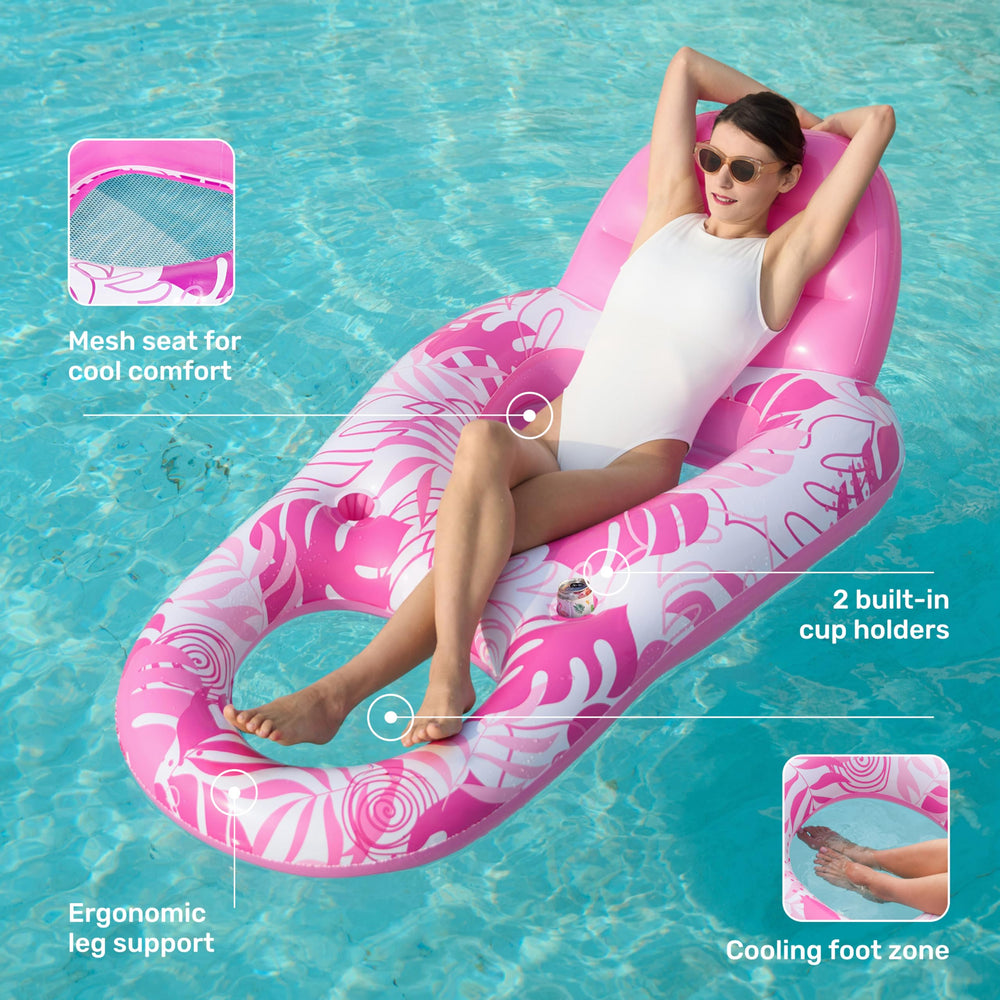 Sloosh pink mesh seat on pool float stays cool and breathable during sun