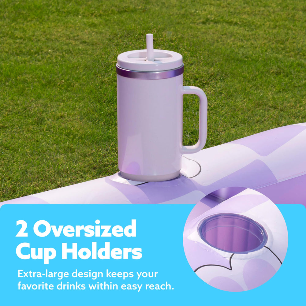 Sloosh tanning pool lounger shows two drink holders for refreshing beverages.