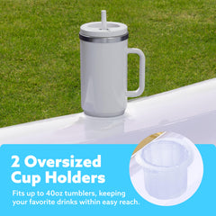 Sloosh lounge float features two drink holders and wrap-around grab line for stability.