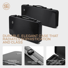 SLOWPLAY Godel case design featuring aviation-grade aluminum frame and sleek black shell.