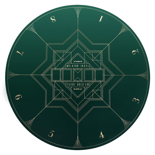 SLOWPLAY Nash 47-inch poker mat with art deco layout enhances home games.