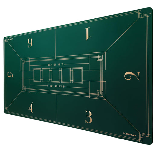 SLOWPLAY poker mat with Art Deco layout offers a stylish, stable play surface.