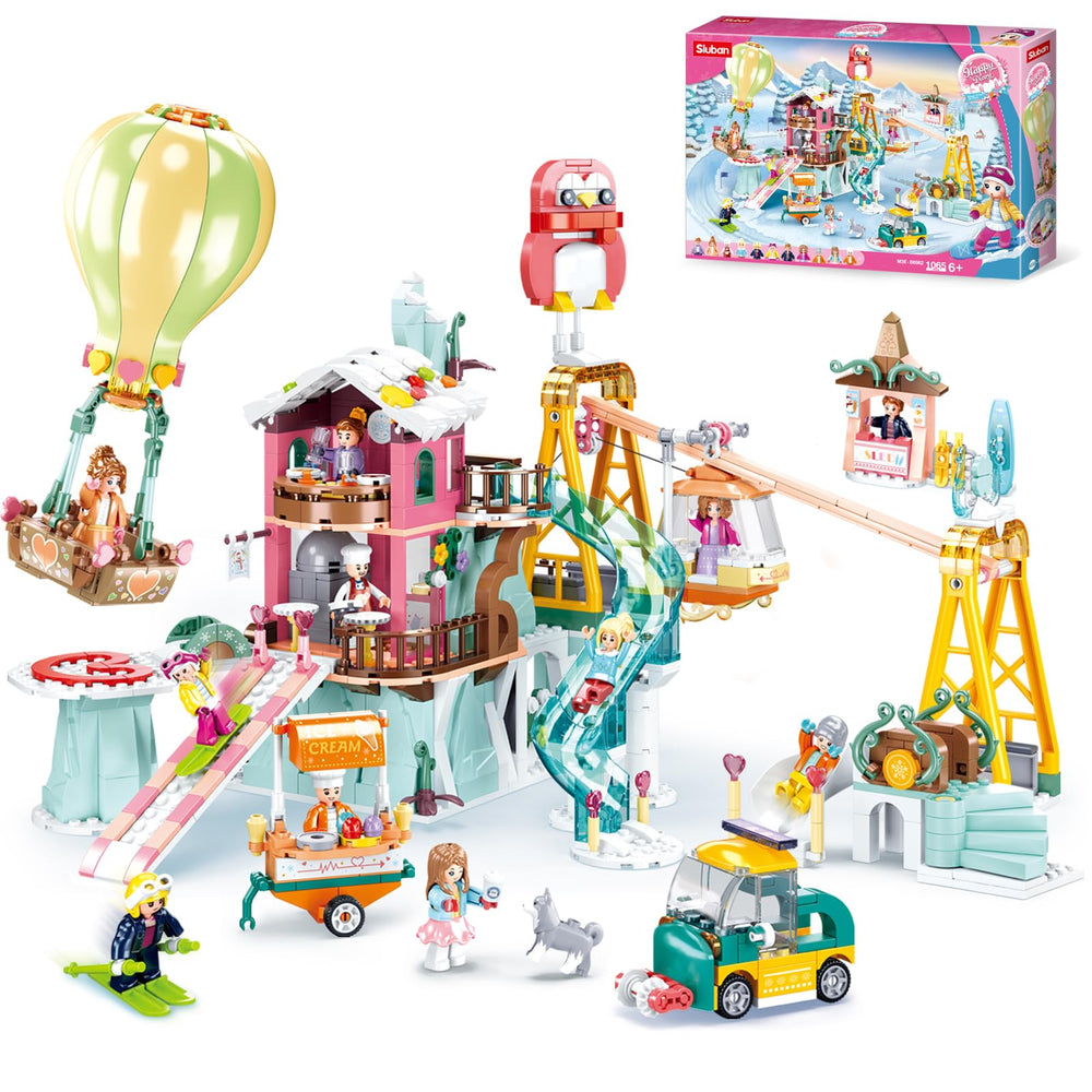 Sluban City Friend ski resort scene promotes imaginative play and storytelling.