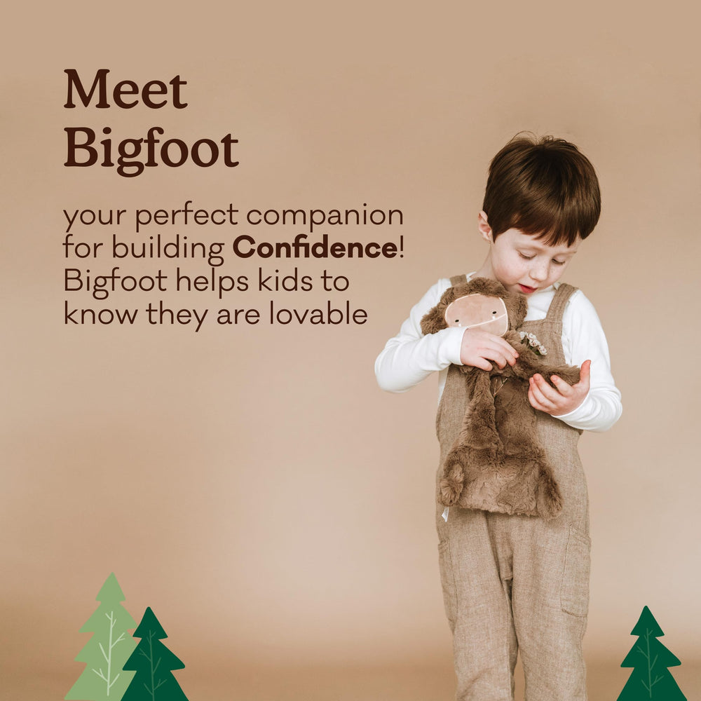 Slumberkins Bigfoot Snuggler held by a child for bedtime bonding.