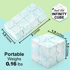 SMALL FISH Infinity Cube held in hand demonstrates one-handed portability for fidgeting.