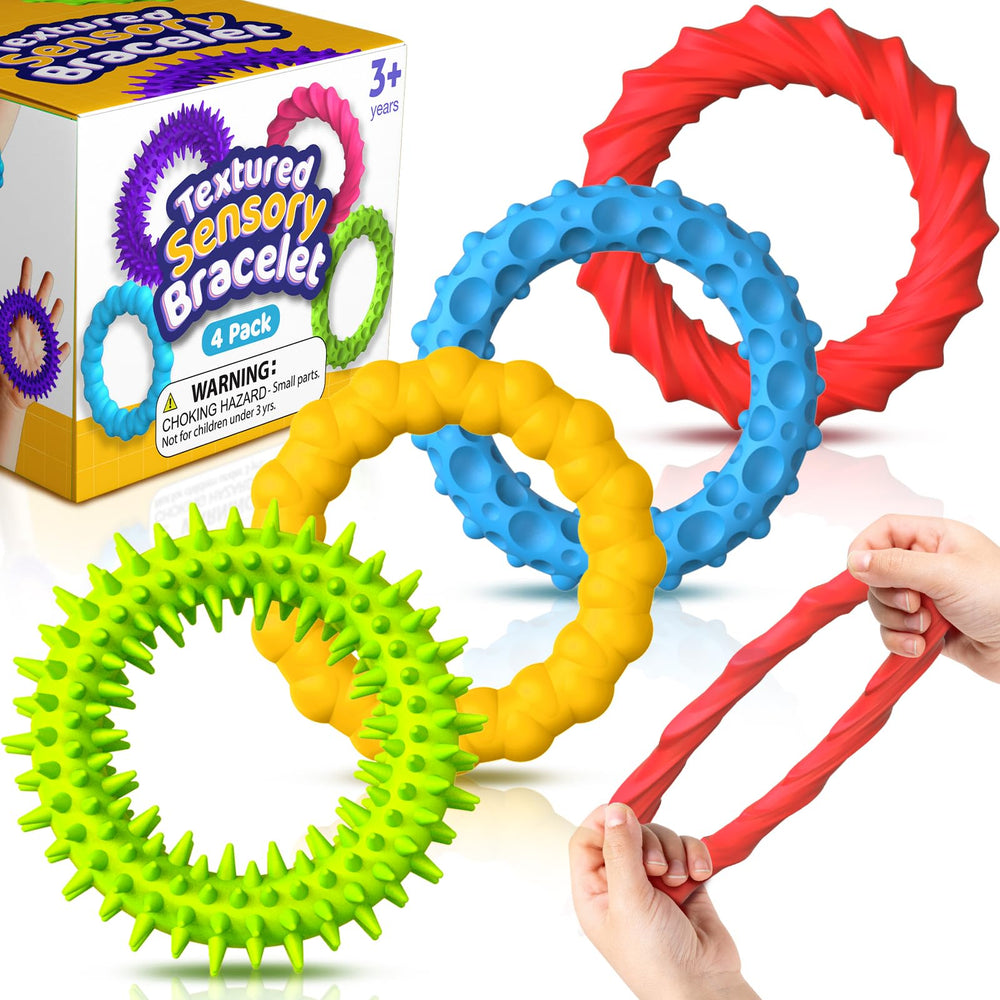 SMALL FISH sensory bracelet 4-pack shown in bright colors for on-the-go stress relief.