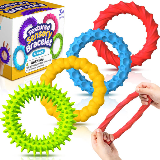 SMALL FISH sensory bracelet 4-pack shown in bright colors for on-the-go stress relief.