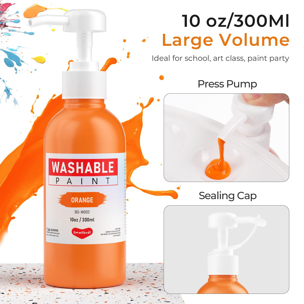 Smallbudi washable tempera bottles 10oz with pump for vibrant hues and easy wash-off.
