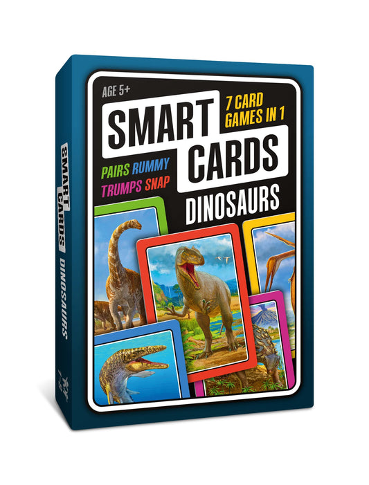SMART CARDS Dinosaurs card game cover showcasing 50 dinosaur cards for immersive learning.