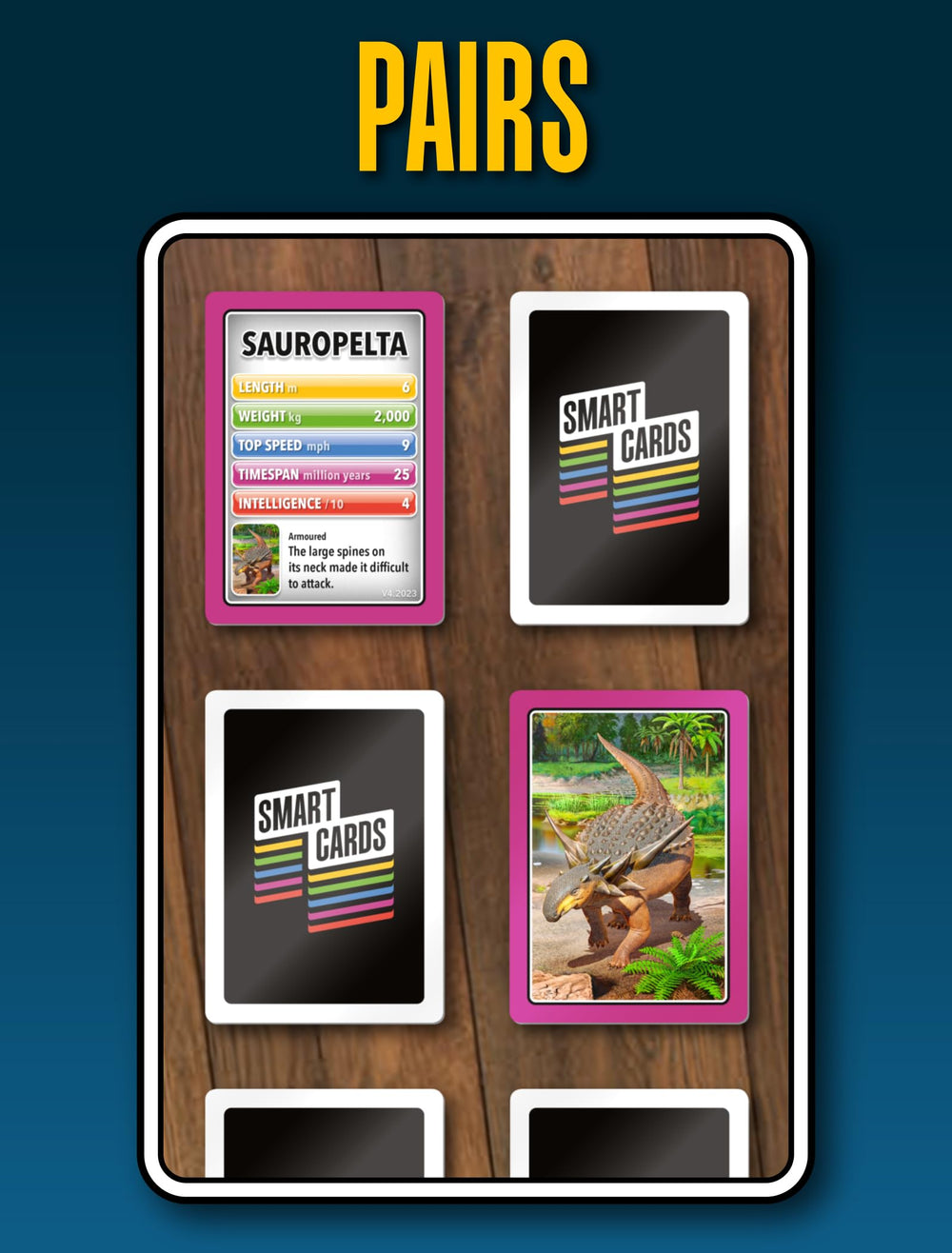SMART CARDS Dinosaurs-pairs-trumps image hints pairing and strategy across multiple games.